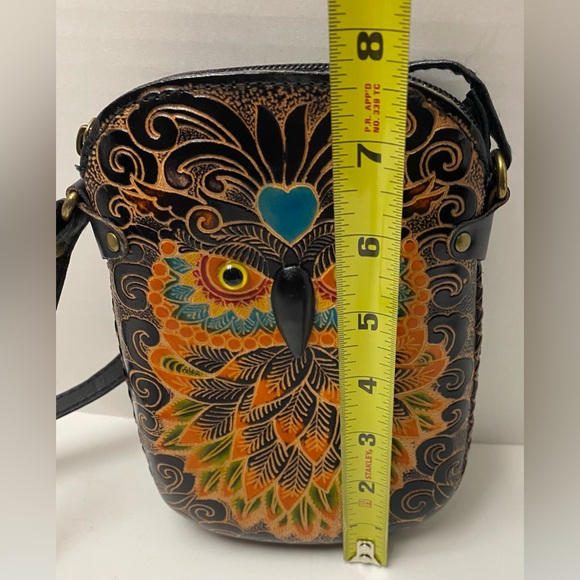 Blue Heart Owl Cross-body Purse Hand tooled Leather Multicolored - Picture 15 of 16